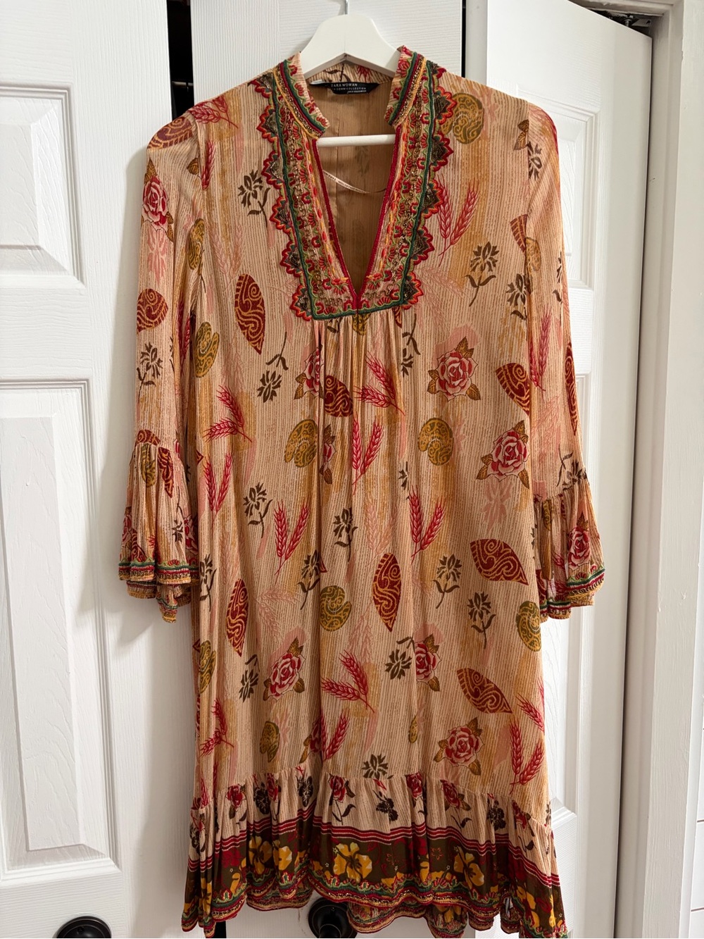 Zara Cream Floral-Print Mini Dress with Embroidered V-Neck